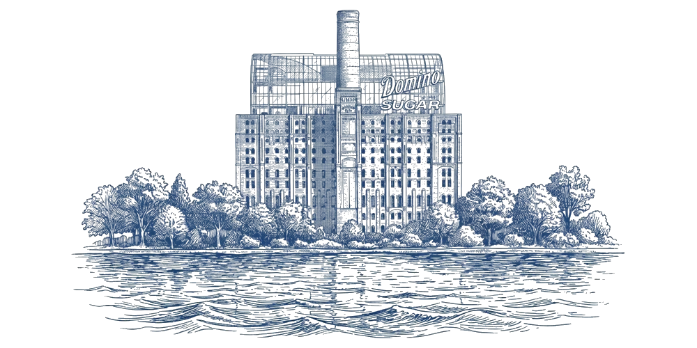 Line drawing of the Domino Sugar Refinery on the Brooklyn waterfront